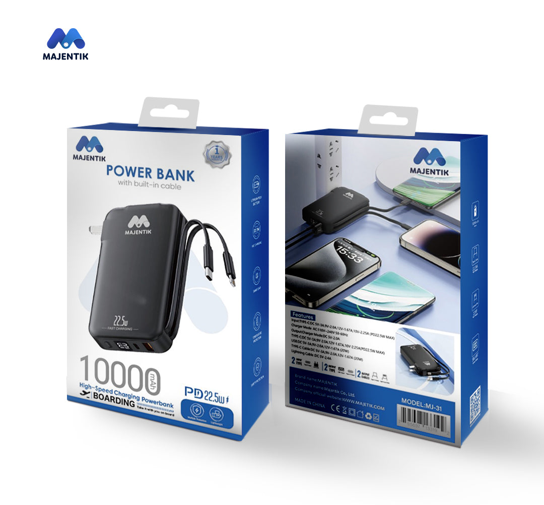 MAJENTIK 10000mAh Power Bank with Built-in Cables – Model MJ-31