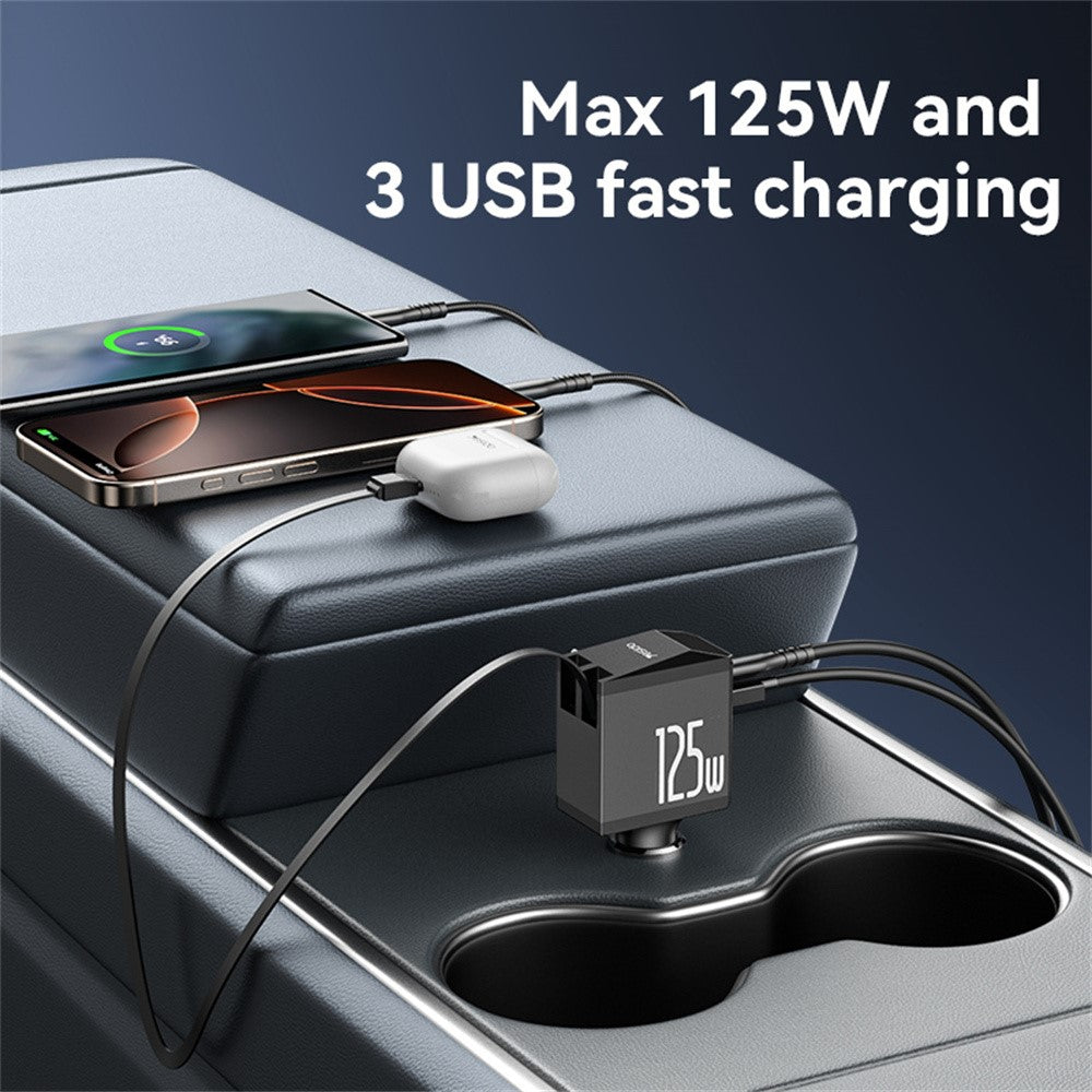 شاحن سيارة YESIDO Y71 فائق السرعة بقوة 125 وات مع كابل قابل للسحب، شاحن متعدد المنافذ USB A وType-C، شحن سريع لأجهزة iPhone وAndroid