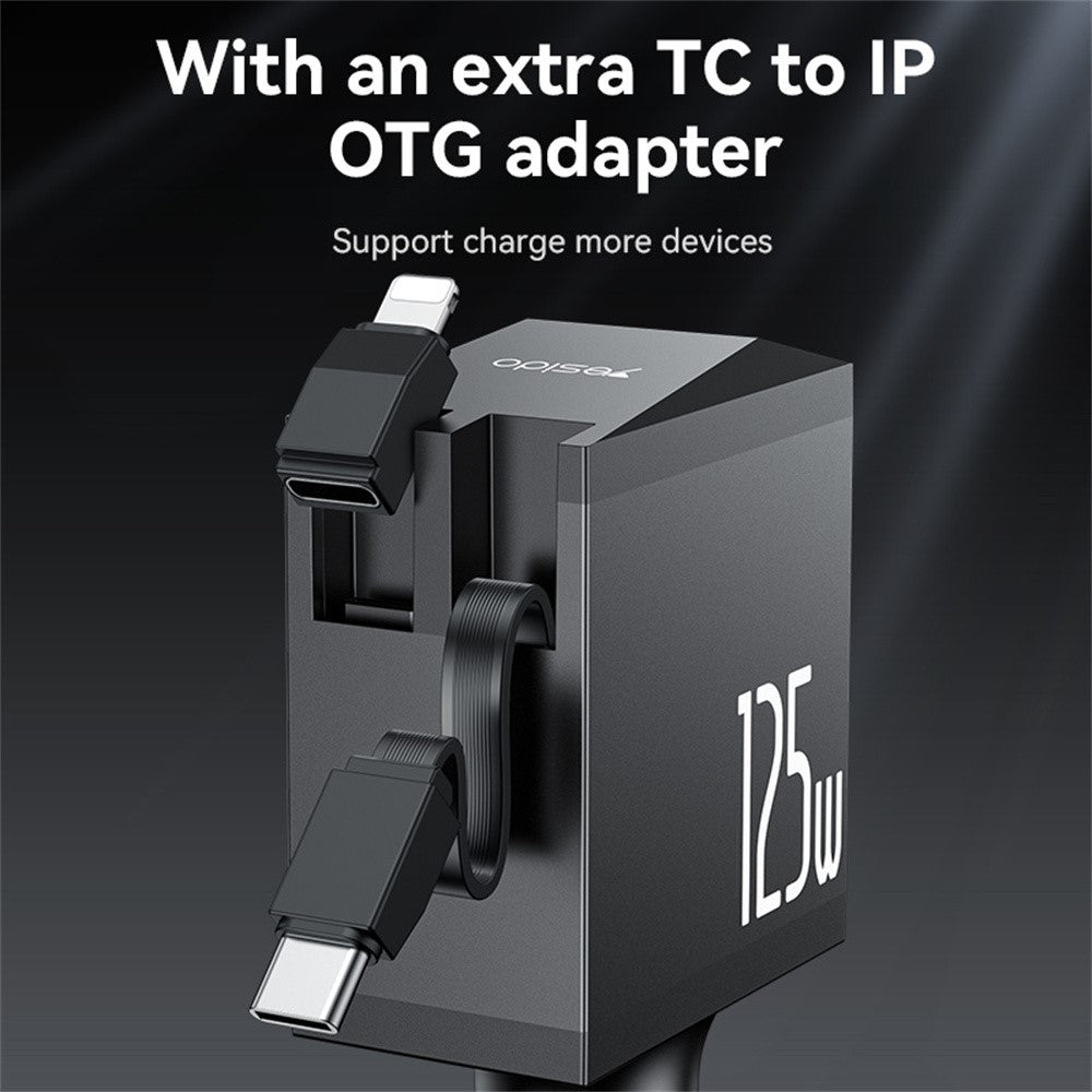 شاحن سيارة YESIDO Y71 فائق السرعة بقوة 125 وات مع كابل قابل للسحب، شاحن متعدد المنافذ USB A وType-C، شحن سريع لأجهزة iPhone وAndroid