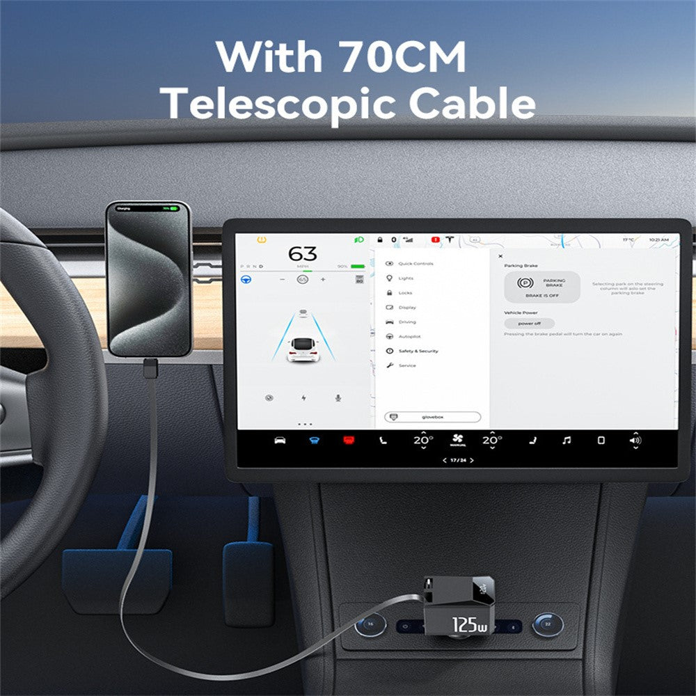 شاحن سيارة YESIDO Y71 فائق السرعة بقوة 125 وات مع كابل قابل للسحب، شاحن متعدد المنافذ USB A وType-C، شحن سريع لأجهزة iPhone وAndroid