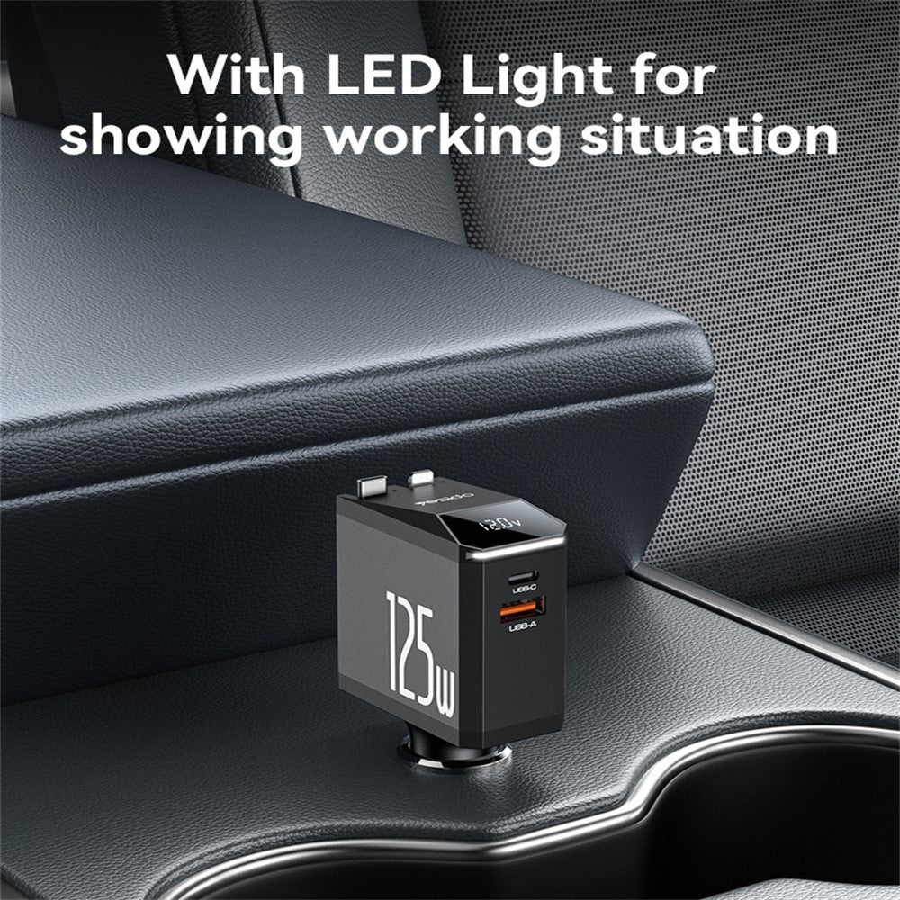 شاحن سيارة YESIDO Y71 فائق السرعة بقوة 125 وات مع كابل قابل للسحب، شاحن متعدد المنافذ USB A وType-C، شحن سريع لأجهزة iPhone وAndroid