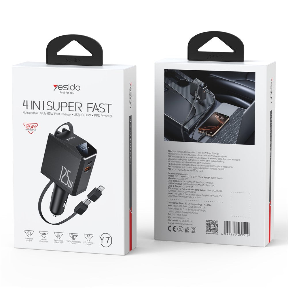 شاحن سيارة YESIDO Y71 فائق السرعة بقوة 125 وات مع كابل قابل للسحب، شاحن متعدد المنافذ USB A وType-C، شحن سريع لأجهزة iPhone وAndroid