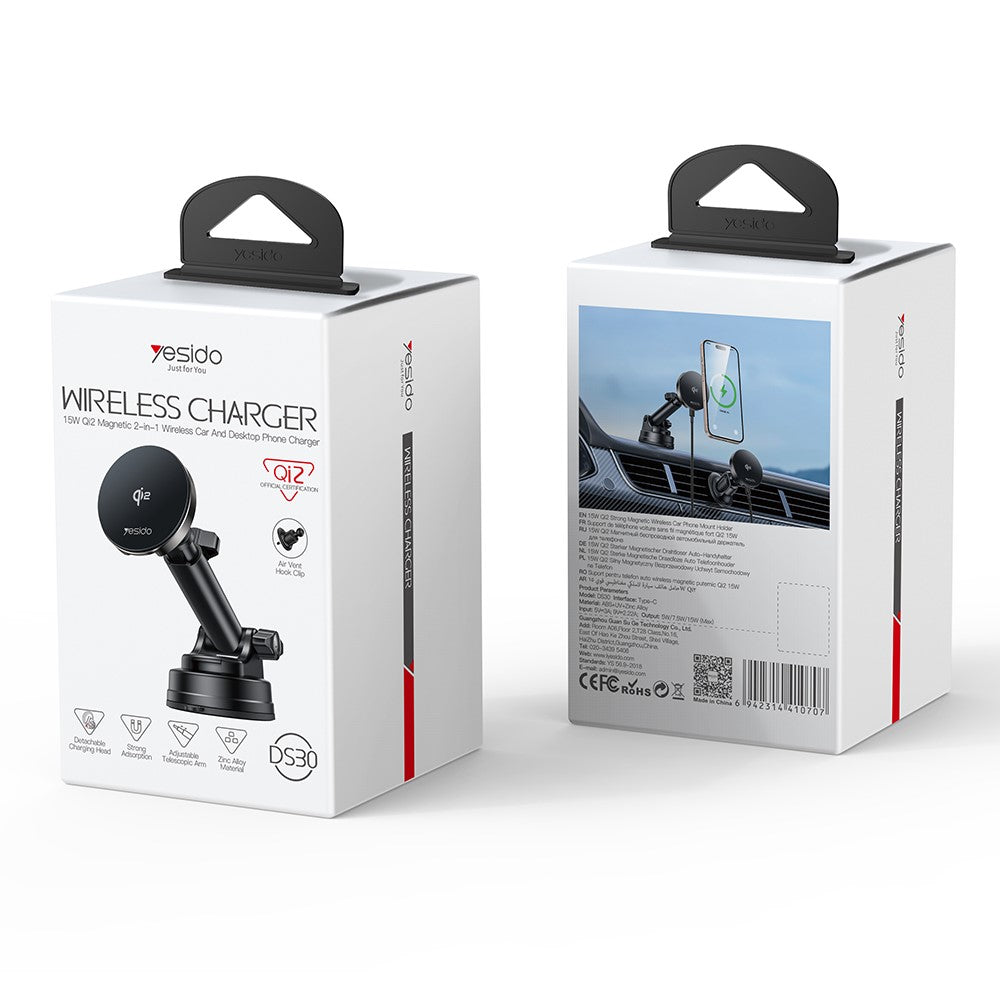 Yesido DS30 2-in-1 Wireless and Magnetic Car Charger, 15W Qi 2.0 Certified, Phone Holder for Desk and Car