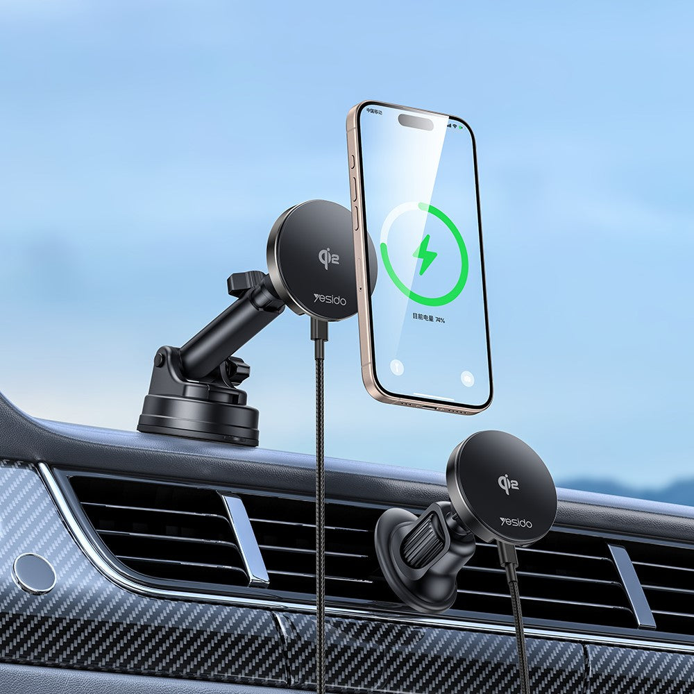 Yesido DS30 2-in-1 Wireless and Magnetic Car Charger, 15W Qi 2.0 Certified, Phone Holder for Desk and Car