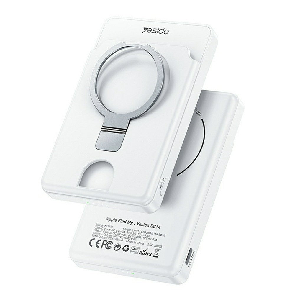 شاحن YESIDO YP73 اللاسلكي المغناطيسي المحمول بقوة 5000 مللي أمبير/ساعة مع نظام تحديد المواقع العالمي (GPS) وحامل معدني - شحن سريع بقوة 22.5 واط