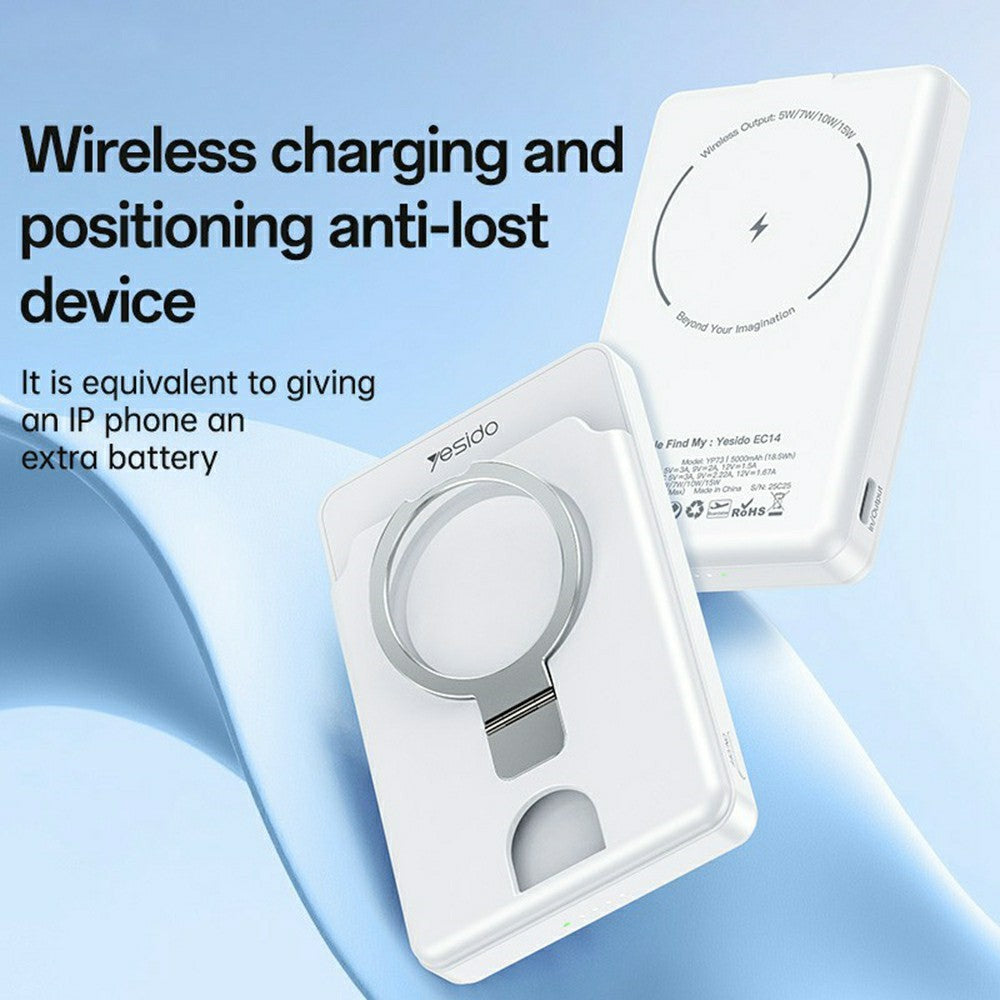 شاحن YESIDO YP73 اللاسلكي المغناطيسي المحمول بقوة 5000 مللي أمبير/ساعة مع نظام تحديد المواقع العالمي (GPS) وحامل معدني - شحن سريع بقوة 22.5 واط