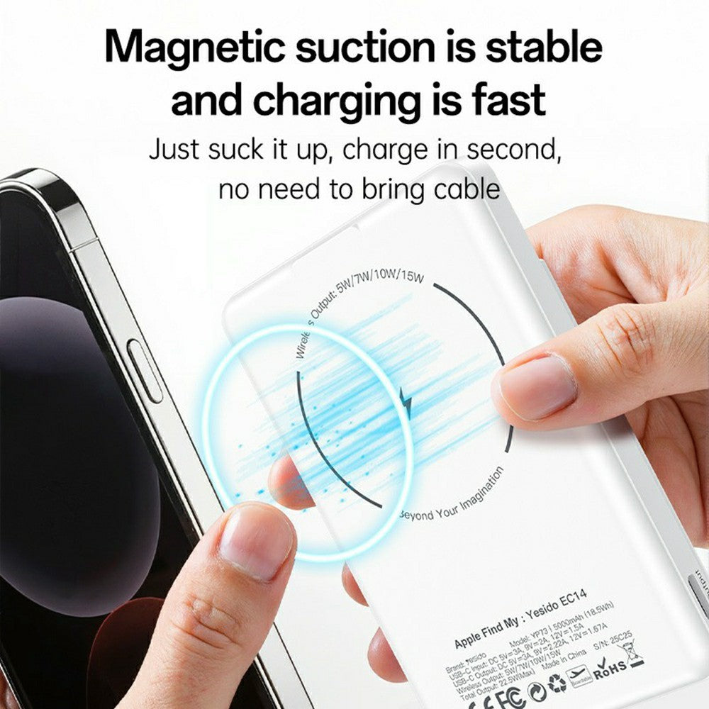 شاحن YESIDO YP73 اللاسلكي المغناطيسي المحمول بقوة 5000 مللي أمبير/ساعة مع نظام تحديد المواقع العالمي (GPS) وحامل معدني - شحن سريع بقوة 22.5 واط