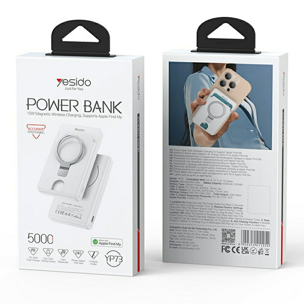 شاحن YESIDO YP73 اللاسلكي المغناطيسي المحمول بقوة 5000 مللي أمبير/ساعة مع نظام تحديد المواقع العالمي (GPS) وحامل معدني - شحن سريع بقوة 22.5 واط