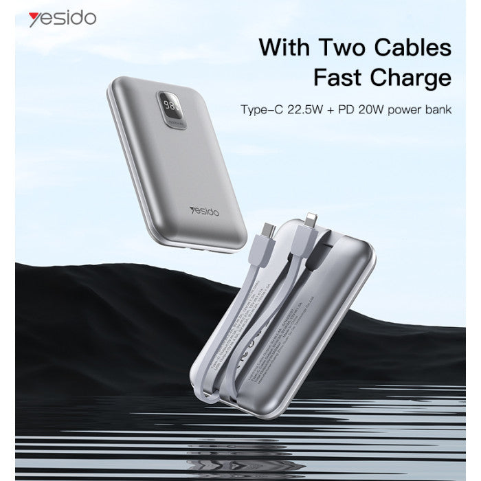 بنك طاقة YP48 بسعة 10000 مللي أمبير/ساعة وقوة 22.5 واط وPD20 واط من النوع C وواجهة Apple وكابلين للشحن السريع وشاشة LED