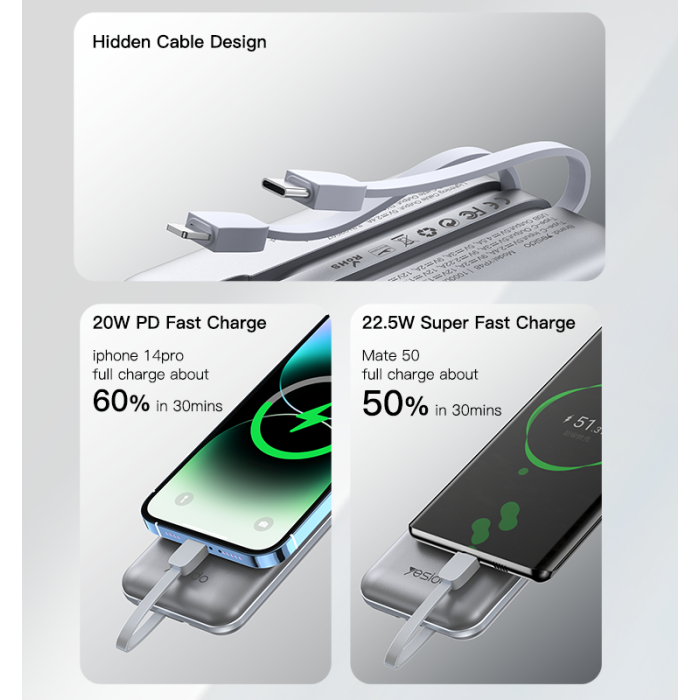 بنك طاقة YP48 بسعة 10000 مللي أمبير/ساعة وقوة 22.5 واط وPD20 واط من النوع C وواجهة Apple وكابلين للشحن السريع وشاشة LED