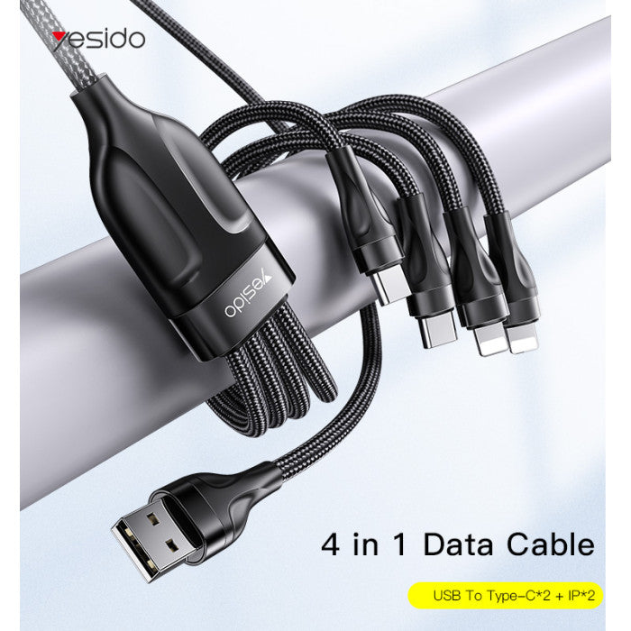 CA111 4 in 1 USB to 2 TC+ 2 IP Nylon Braided Wire Mobile Phone Charger Data Cable