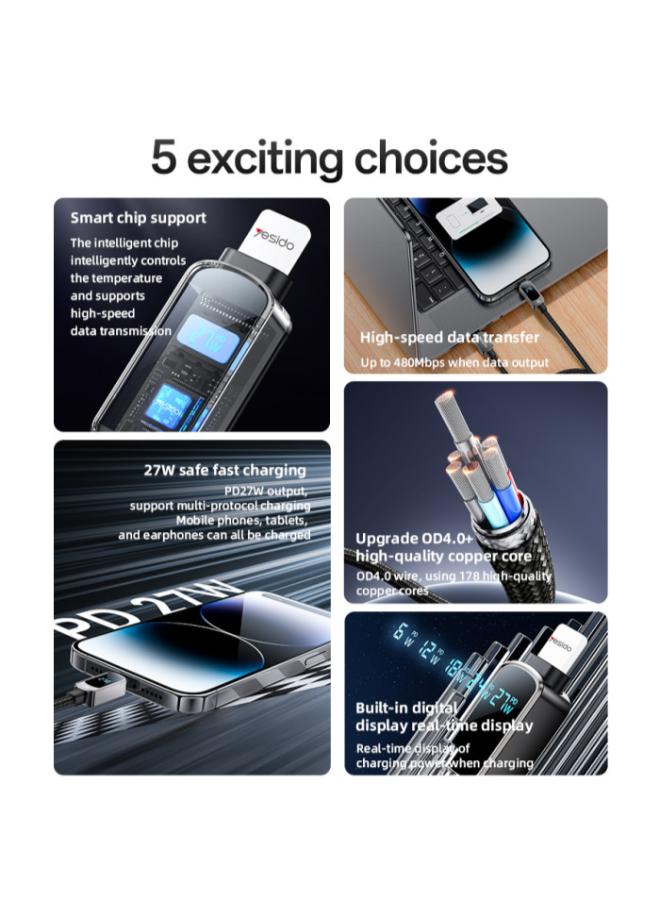 CA180 Zinc Alloy 1.2 Meters Length Type-C To IP PD27W Built-in Digital Display Data Cable