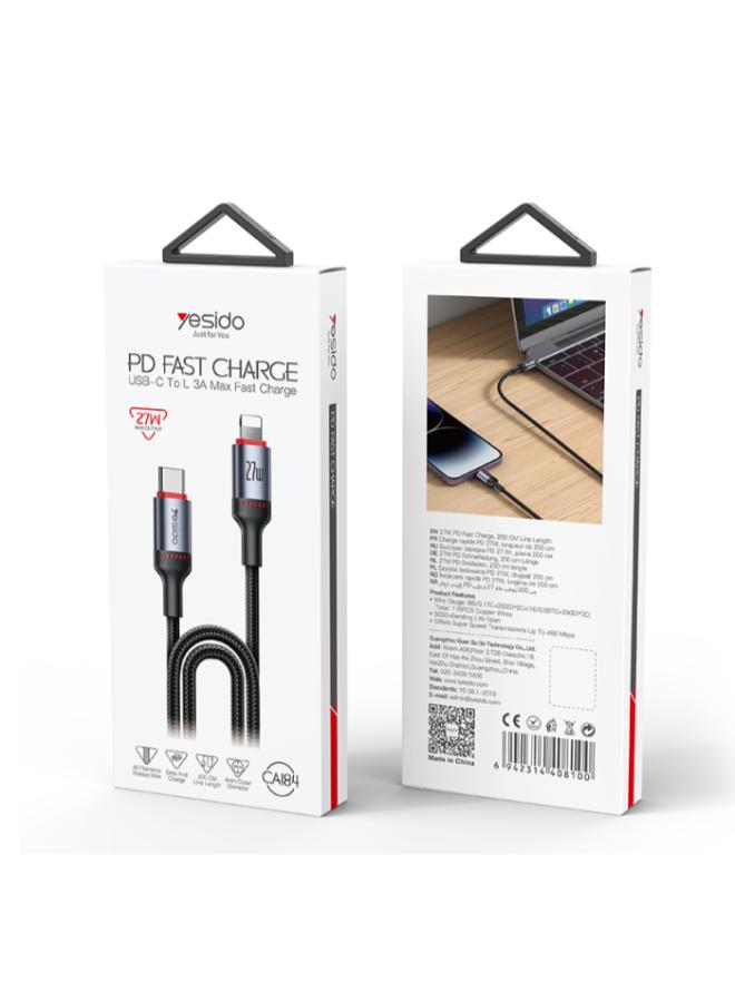 CA184 Type-C to Lightning Fast Charging Cable, 2m, 27W, with LED Light, 48 Pins.
