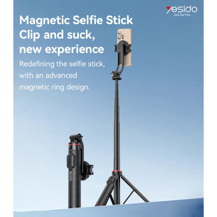 Yesido SF24 Magnetic Selfie Stick, 2-in-1 Tripod, with Bluetooth Remote, Dual Mount, 360-Degree Rotation - Black
