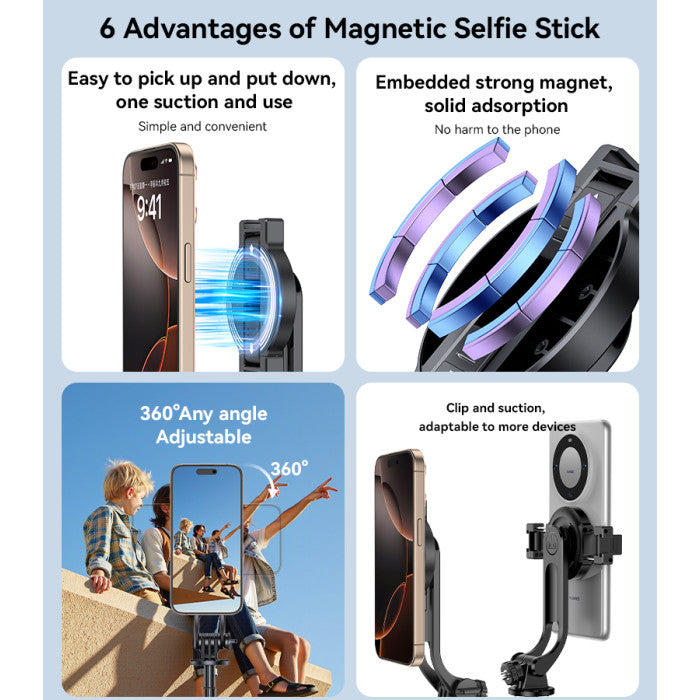 عصا سيلفي مغناطيسية من يسيدو SF24، حامل ثلاثي القوائم 2 في 1، مع جهاز تحكم عن بعد بتقنية البلوتوث، حامل مزدوج، دوران 360 درجة - أسود