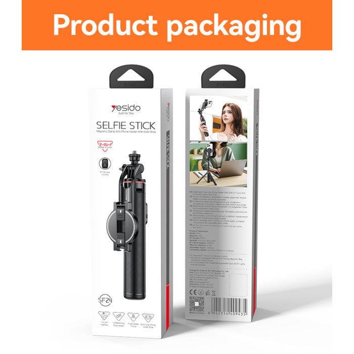 عصا سيلفي مغناطيسية من يسيدو SF24، حامل ثلاثي القوائم 2 في 1، مع جهاز تحكم عن بعد بتقنية البلوتوث، حامل مزدوج، دوران 360 درجة - أسود