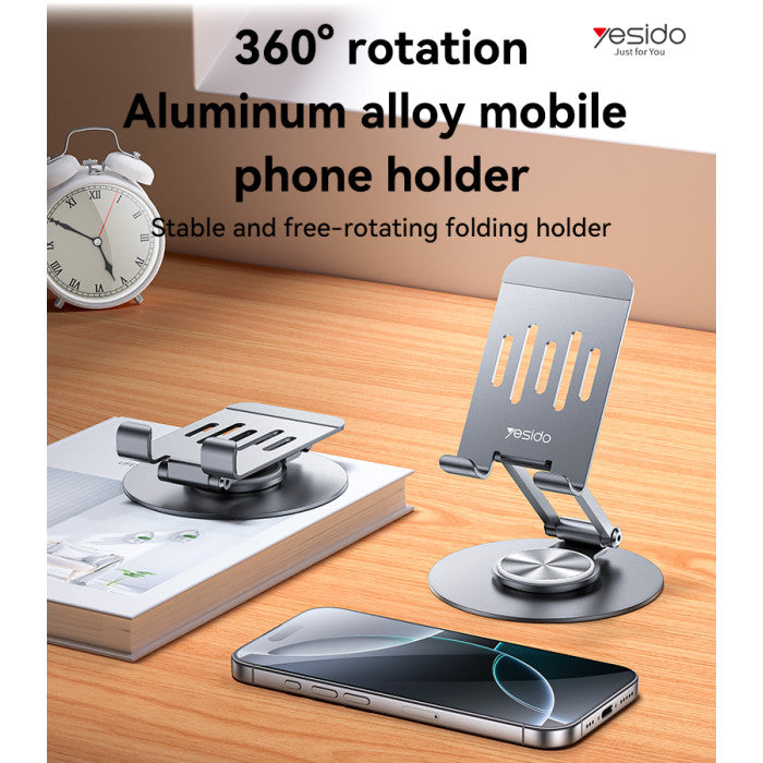 YESIDO C299 720° Foldable Aluminum Alloy Desktop Phone Holder - 360° Rotation and Multiple Angles - Stable and Portable (4.5-6.7 inches) for Office and Home