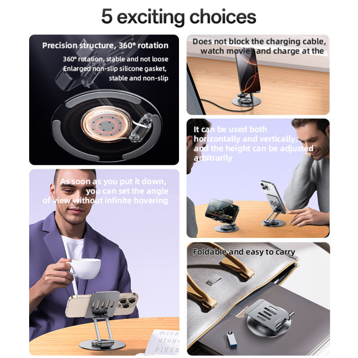 YESIDO C299 720° Foldable Aluminum Alloy Desktop Phone Holder - 360° Rotation and Multiple Angles - Stable and Portable (4.5-6.7 inches) for Office and Home