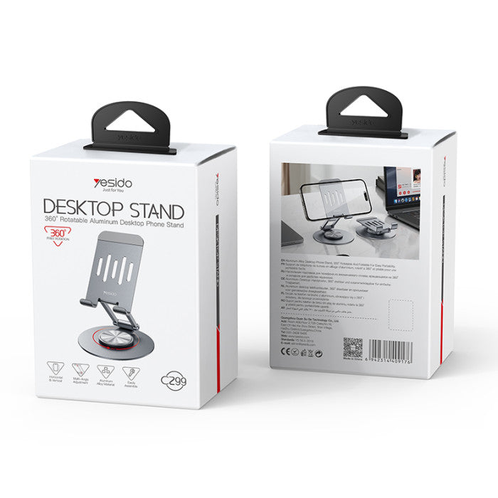 YESIDO C299 720° Foldable Aluminum Alloy Desktop Phone Holder - 360° Rotation and Multiple Angles - Stable and Portable (4.5-6.7 inches) for Office and Home