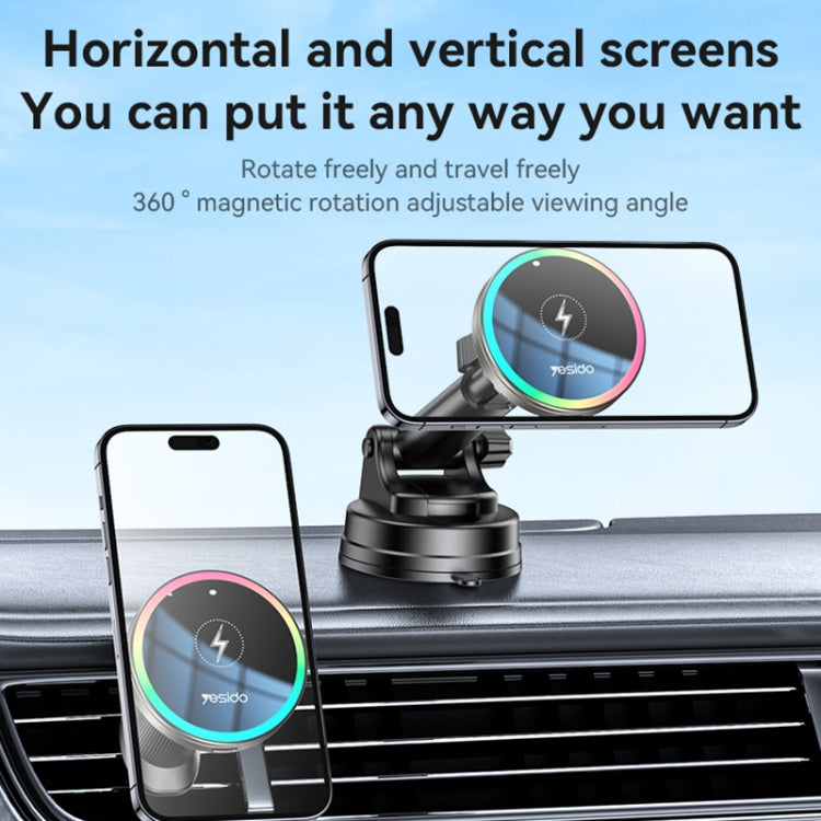 YESIDO C315 Magnetic Wireless Car Charger Mount - 15W Super Fast Charging - Silent Fan Cooling System - Stunning RGB Lighting - Dual Mount (Suction/Ventilation)