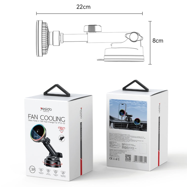 YESIDO C315 Magnetic Wireless Car Charger Mount - 15W Super Fast Charging - Silent Fan Cooling System - Stunning RGB Lighting - Dual Mount (Suction/Ventilation)