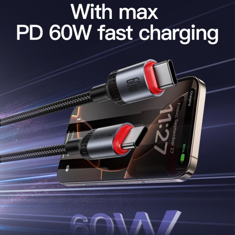 Yesido CA183 PD60W 3A USB-C / Type-C to USB-C / Type-C Charging Data Cable, Length: 2m(Black)