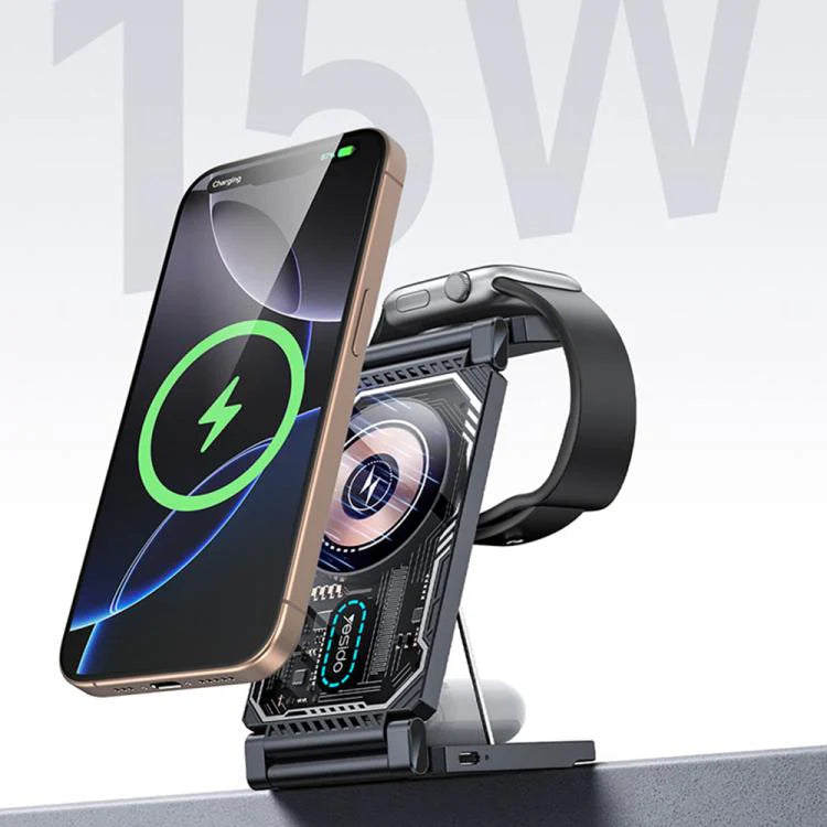 Yesido DS25 3-in-1 Wireless Charger, 15W Foldable Magnetic Charging Station for Phones, Earphones, and Smartwatch - Black