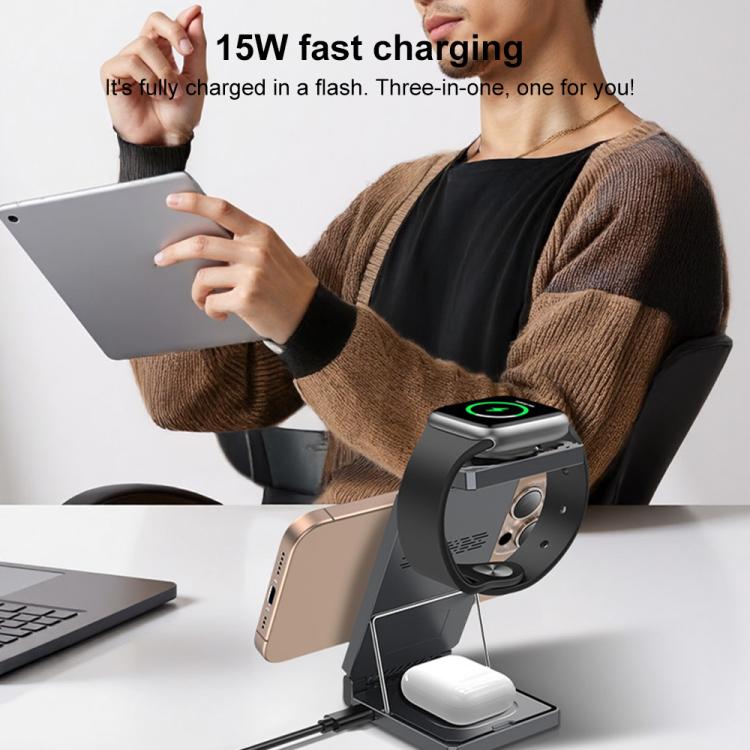 Yesido DS25 3-in-1 Wireless Charger, 15W Foldable Magnetic Charging Station for Phones, Earphones, and Smartwatch - Black