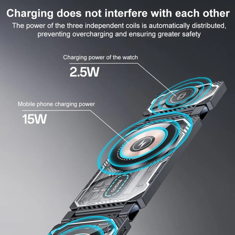 Yesido DS25 3-in-1 Wireless Charger, 15W Foldable Magnetic Charging Station for Phones, Earphones, and Smartwatch - Black