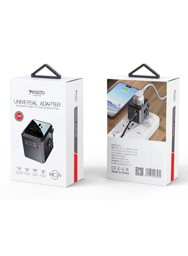 Yesido MC24 20W 3 USB + Type-C Ports Multi-function Universal Travel Adapter Plug (Black)