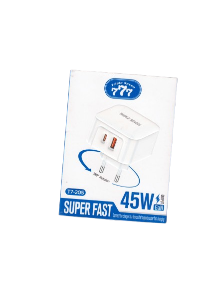 "777" ultra-fast 45W charger with GaN technology, two USB-C ports, rotatable design, model T7-205