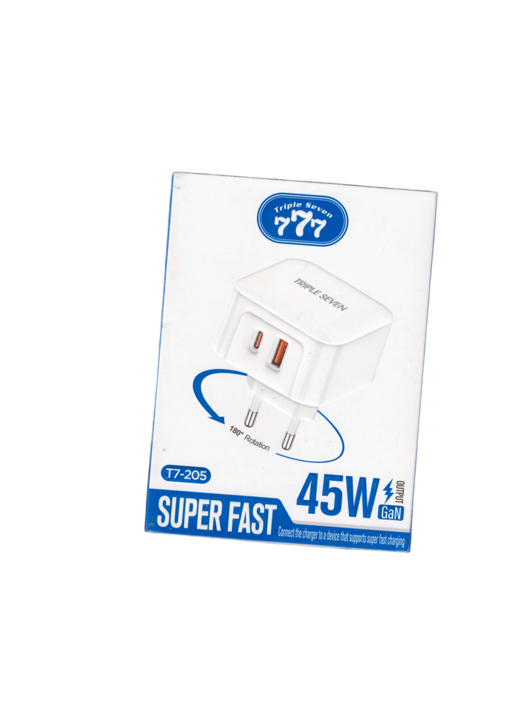 "777" ultra-fast 45W charger with GaN technology, two USB-C ports, rotatable design, model T7-205