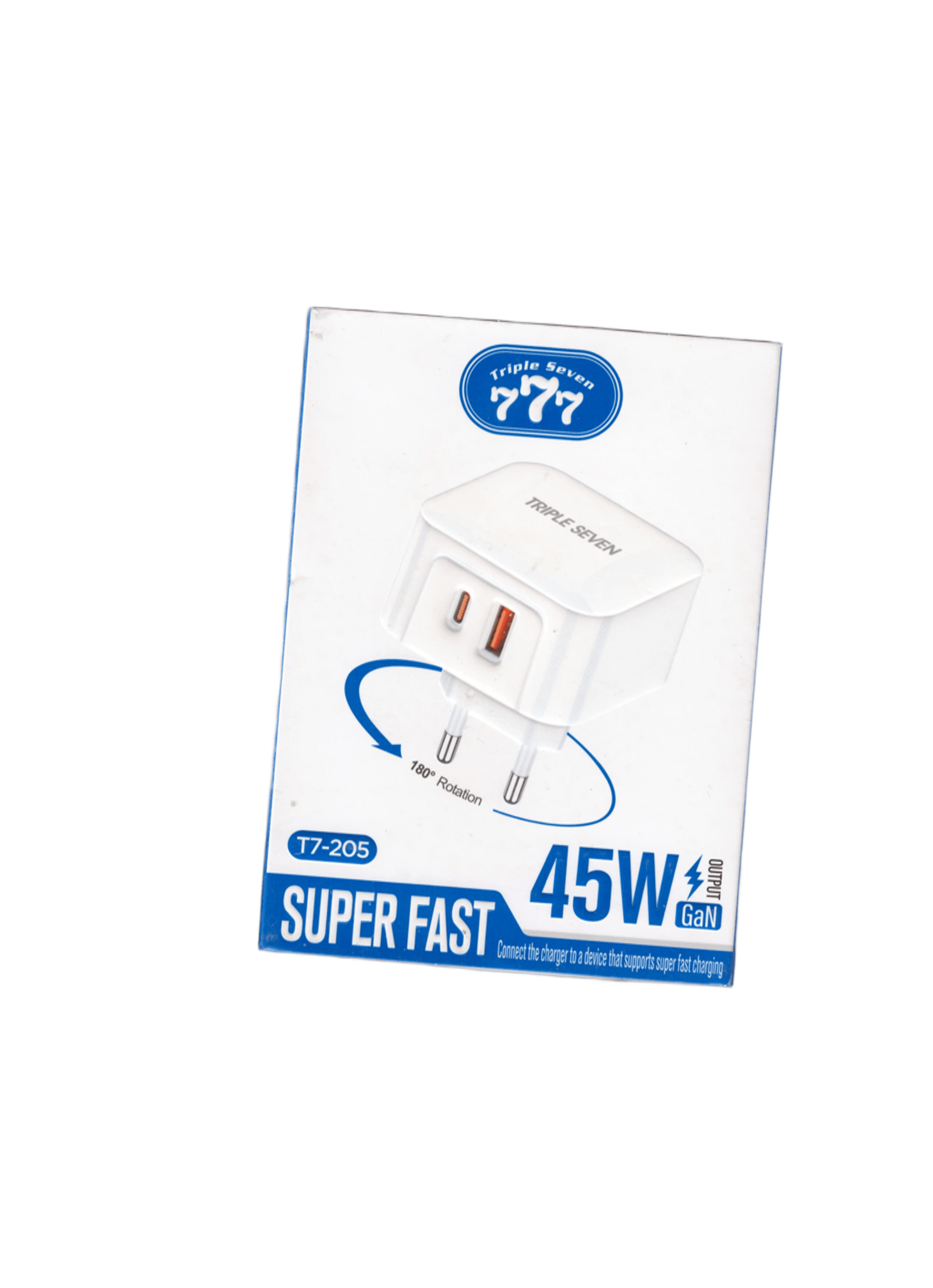 "777" ultra-fast 45W charger with GaN technology, two USB-C ports, rotatable design, model T7-205