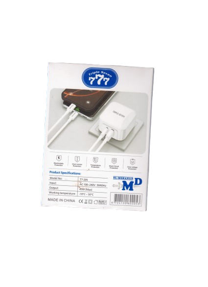 "777" ultra-fast 45W charger with GaN technology, two USB-C ports, rotatable design, model T7-205