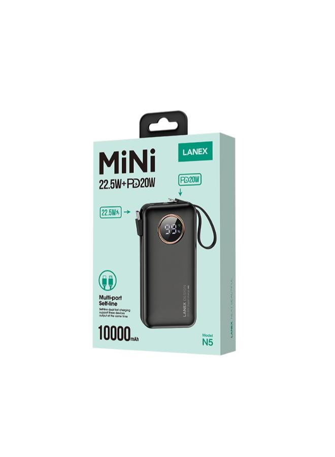 LANEX POW-N5 - 22.5W+ PD20W MINI SIZE FAST CHARGING POWER BANK 10000MAH WITH CABLE - BLACK