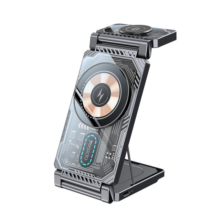 Yesido DS25 3-in-1 Wireless Charger, 15W Foldable Magnetic Charging Station for Phones, Earphones, and Smartwatch - Black