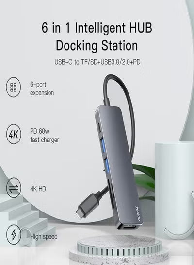 Yesido HB11 6 in 1 USB-C / Type-C Multifunctional HUB Adapter for Docking Ports