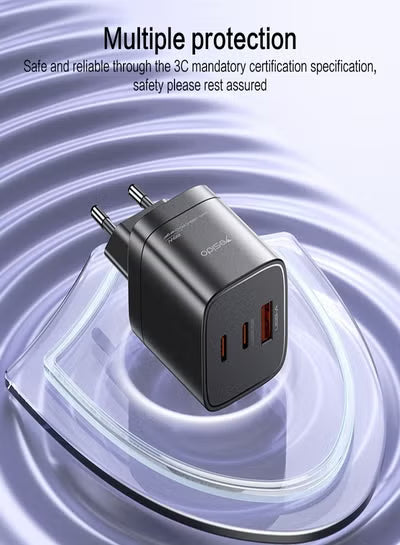 شاحن Yesido YC65 PD65W من النوع C GaN بثلاثة منافذ، قابس الاتحاد الأوروبي