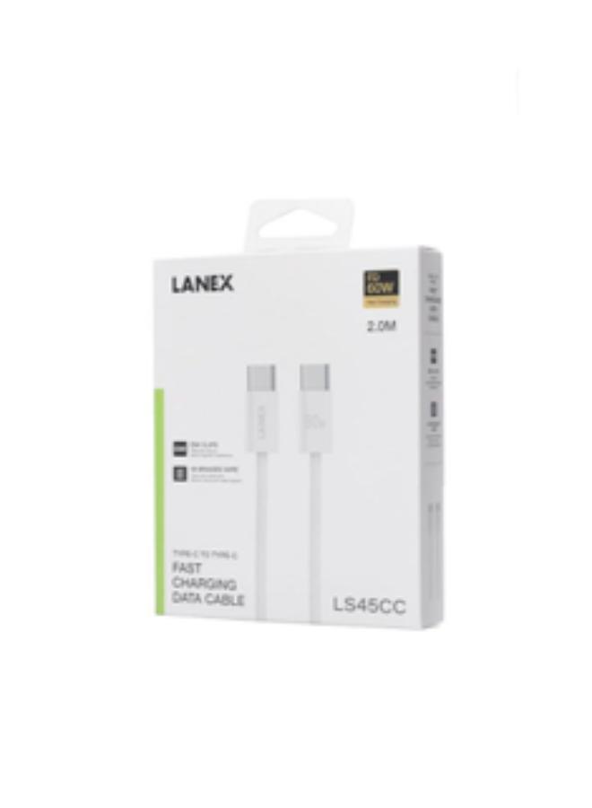 Lanex LS45CC PD Super Fast Data Transmission And Charging Cable 60 Watt , Type - C To Type - C , 2 Meter Made Of Premum Quality - White