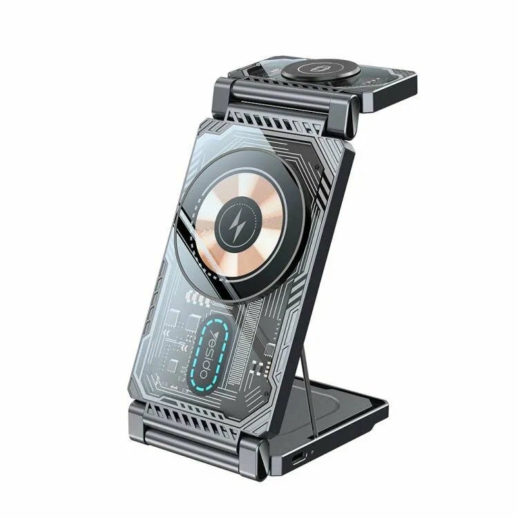 Yesido DS25 3-in-1 Wireless Charger, 15W Foldable Magnetic Charging Station for Phones, Earphones, and Smartwatch - Black