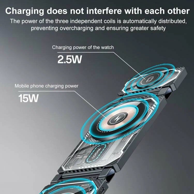 Yesido DS25 3-in-1 Wireless Charger, 15W Foldable Magnetic Charging Station for Phones, Earphones, and Smartwatch - Black