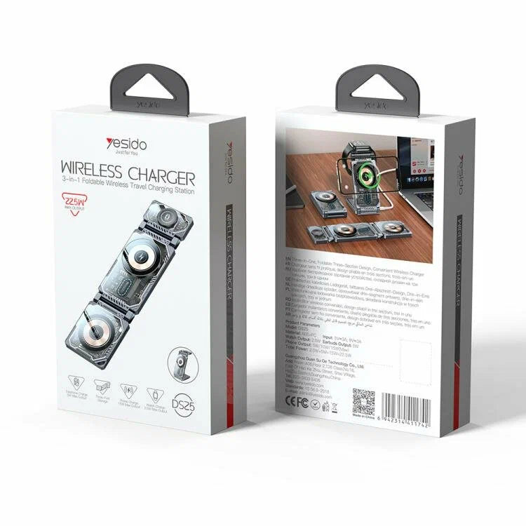 Yesido DS25 3-in-1 Wireless Charger, 15W Foldable Magnetic Charging Station for Phones, Earphones, and Smartwatch - Black